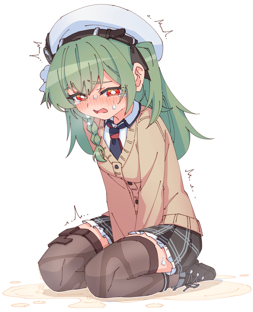 1girl, absurdres, beret, between_legs, black_bow, black_necktie, black_ribbon, black_skirt, black_thighhighs, blue_necktie, blush, boots, bow, braid, breasts, brown_sweater, cardigan, chinese_commentary, collared_shirt, commentary_request, crying, embarrassed, frilled_skirt, frills, full_body, green_hair, hair_ribbon, half-closed_eyes, hand_between_legs, hat, highres, huanxiang_koudai_meow, indie_virtual_youtuber, long_hair, long_sleeves, looking_down, miniskirt, necktie, nose_blush, open_mouth, pee, peeing, peeing_self, plaid_clothes, plaid_skirt, pleated_skirt, puddle, red_eyes, ribbon, rune_(dualhart), school_uniform, second-party_source, shirt, side_braid, sidelocks, simple_background, single_braid, sitting, skirt, small_breasts, solo, sweat, sweater, tears, thigh_strap, thighhighs, trembling, two_side_up, v_arms, virtual_youtuber, wariza, wavy_mouth, wet, white_background, white_hat, white_shirt, zettai_ryouiki