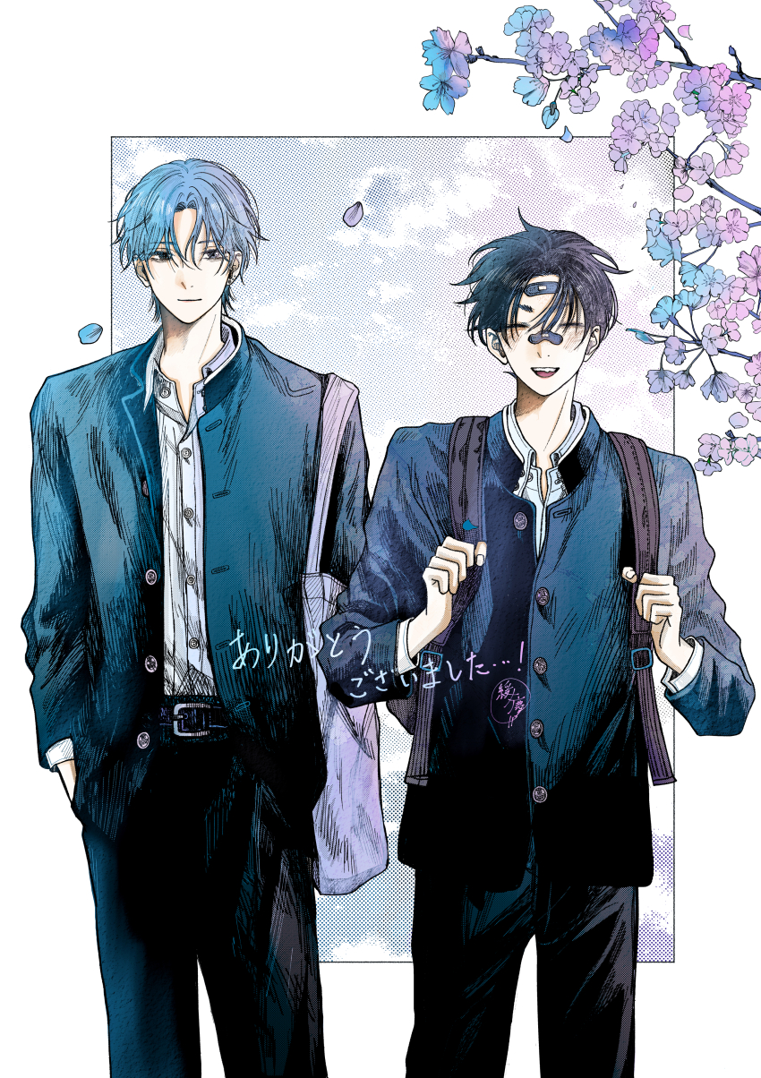 2boys, :d, ^_^, absurdres, analogous_colors, backpack, bag, bandaid