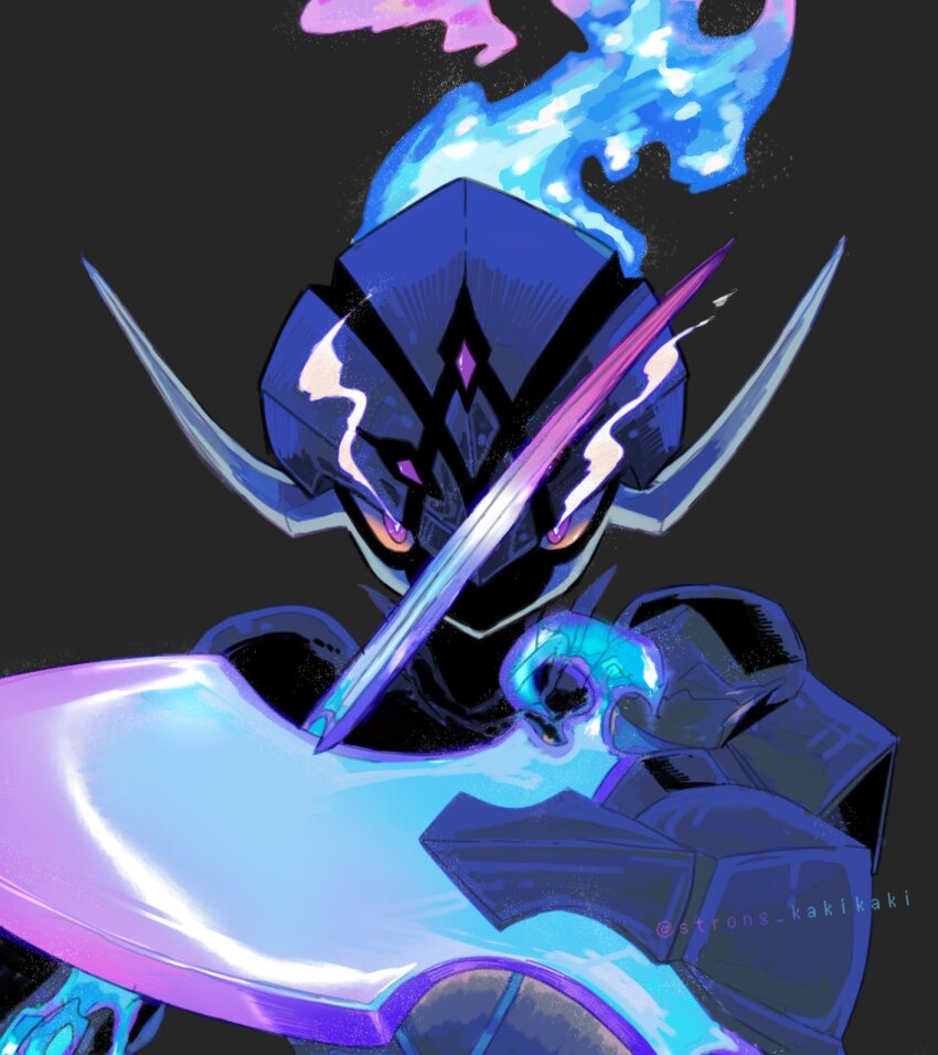 arm_blade, armor, blade_arm, blue_fire, ceruledge, commentary_request, eye_trail, fiery_hair, fire, flaming_eyes, grey_background, helmet, highres, light_trail, nintendo, pokemon, pokemon_(creature), purple_armor, purple_eyes, purple_fire, purple_helmet, solo, strong_kakikaki, weapon