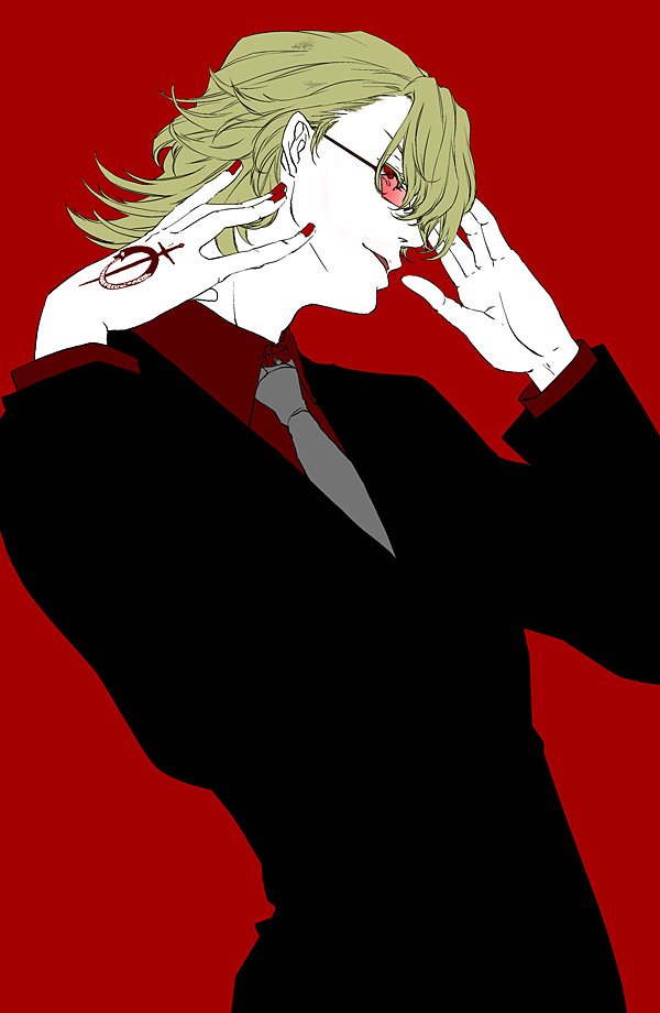 10s, 1boy, bad_id, bad_pixiv_id, blonde_hair, flat_color, formal_clothes, male_focus