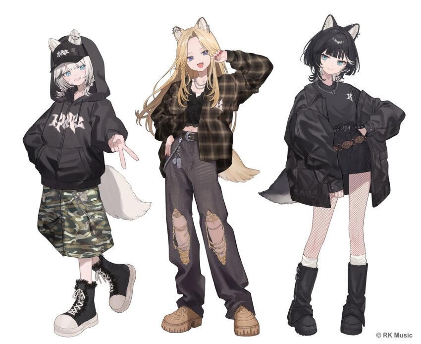 3girls, :d, animal_ear_piercing, animal_ears, baseball_cap, black_boots, black_hair, black_hat