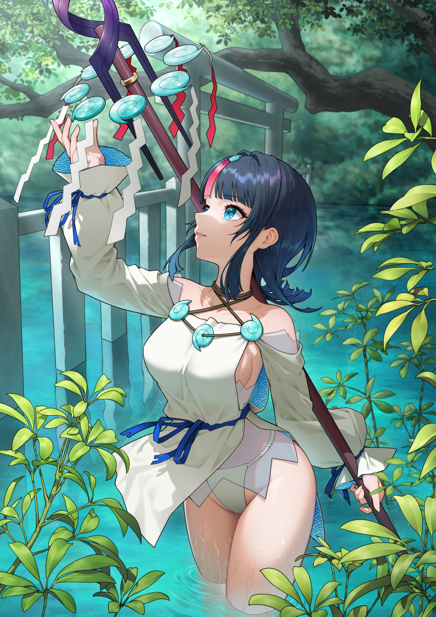 1girl, absurdres, black_hair, blue_eyes, breasts, commentary_request, dead_10001, detached_sleeves