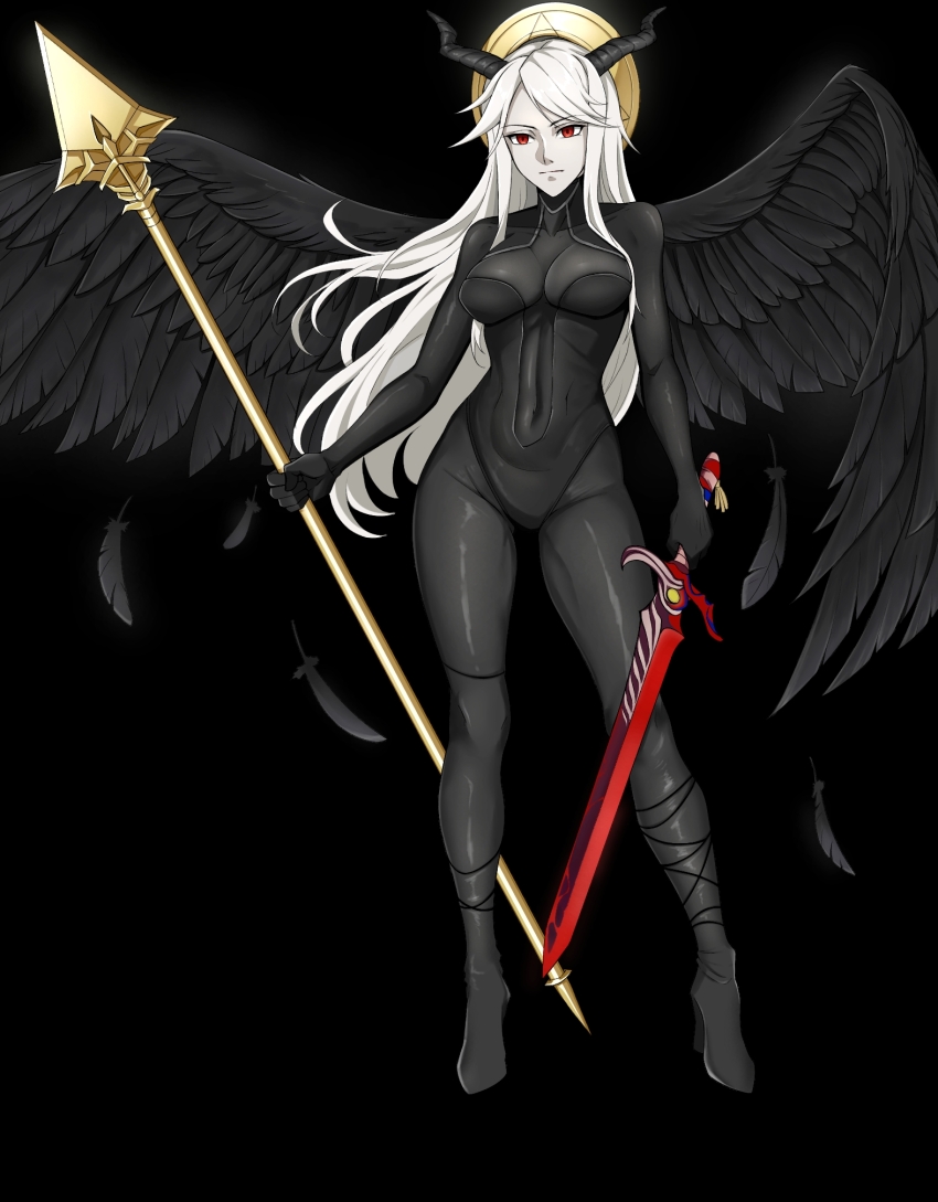 1girl, asymmetrical_dual_wielding, black_background, black_bodysuit, black_feathers, black_horns, black_wings, bodysuit
