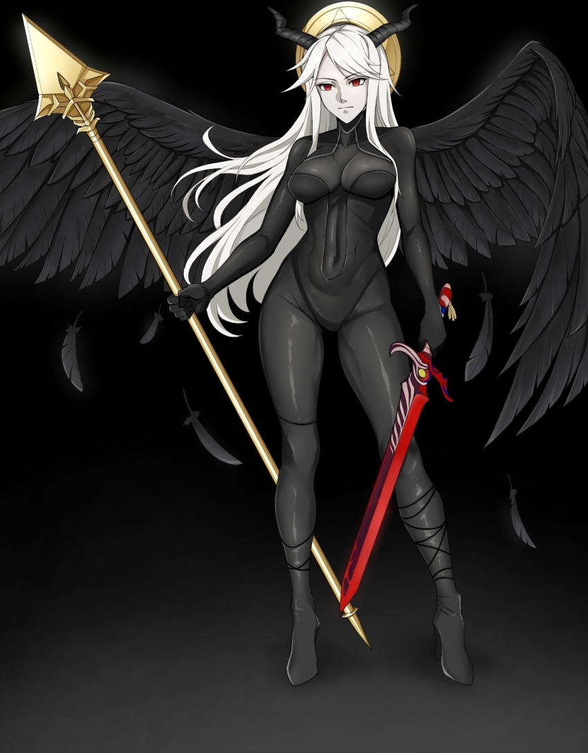 1girl, asymmetrical_dual_wielding, black_background, black_bodysuit, black_feathers, black_horns, black_wings, bodysuit
