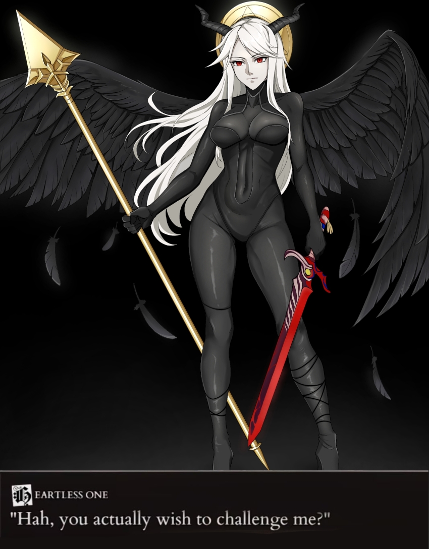 1girl, asymmetrical_dual_wielding, black_background, black_bodysuit, black_feathers, black_horns, black_wings, bodysuit