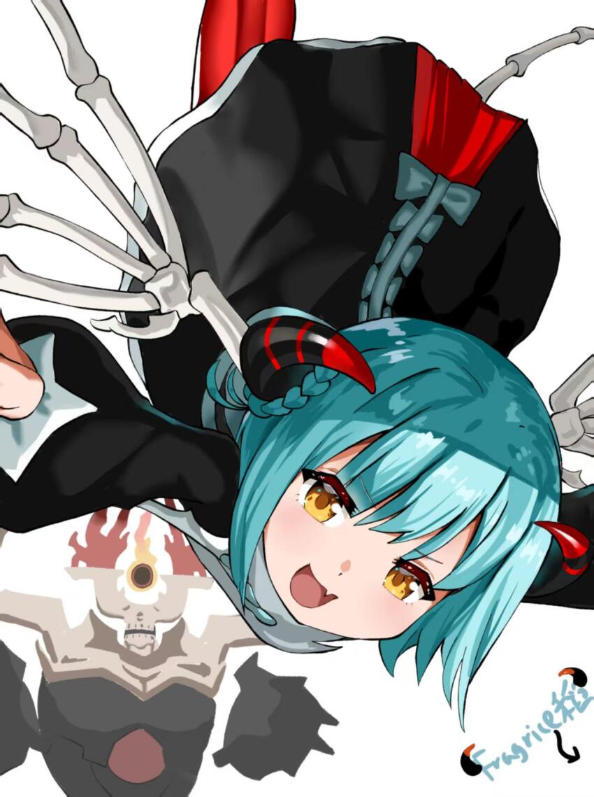 1girl, braid, bungo_yayoi, bungo_yayoi_(march_demon_army_snip!), commentary, demon_horns, green_hair, heaven_burns_red