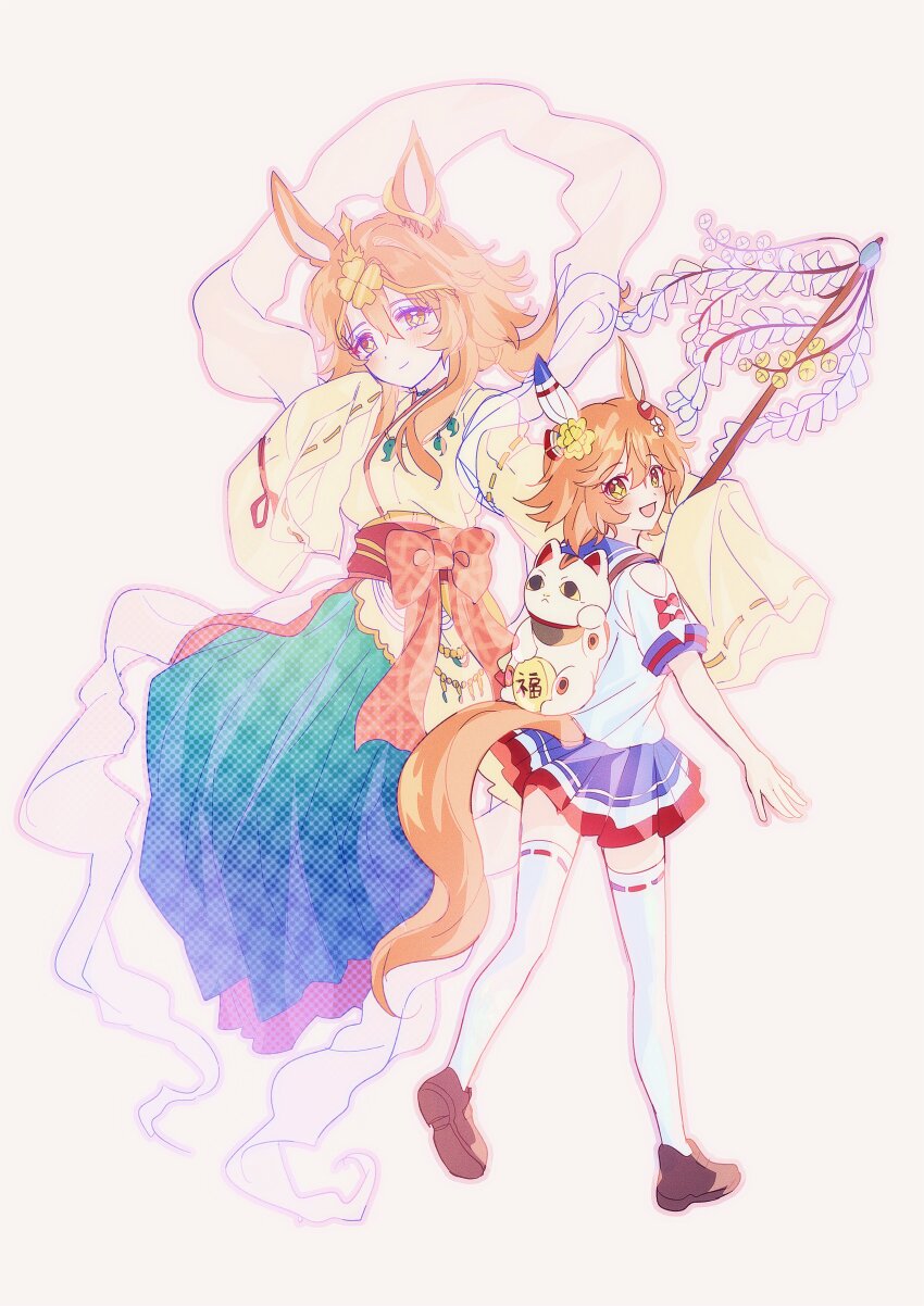 2girls, absurdres, animal_ears, blue_skirt, blush, camellia_(camel_mal), closed_mouth, clover_hair_ornament