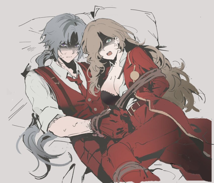 1boy, 1girl, anger_vein, arms_behind_back, black_bra, blue_eyes, bound, bound_arms, bound_legs, bound_wrists, bra, breasts, brown_hair, closed_mouth, coat, gold_trim, grey_hair, highres, lapels, large_breasts, limbus_company, long_hair, lucio_(project_moon), notched_lapels, open_clothes, open_mouth, open_shirt, pants, parted_bangs, pillow, project_moon, purple_eyes, red_coat, red_pants, rfs4fg, shaded_face, simple_background, smile, tied_up_(nonsexual), underwear, valencina_(project_moon), very_long_hair