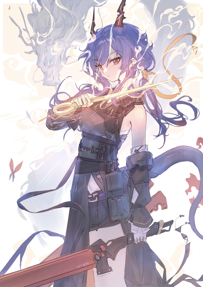 1girl, absurdres, arknights, bare_shoulders, black_dress, black_shorts, blue_hair, ch'en_(arknights)