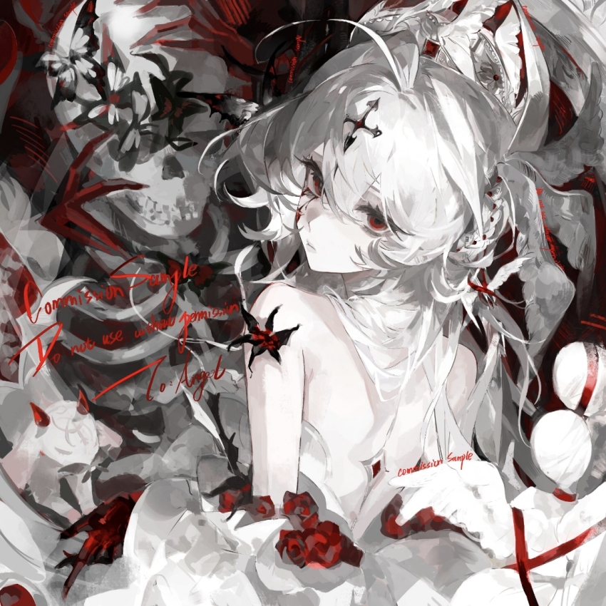1girl, ahoge, black_flower, blood, blood_on_face, bug, butterfly, closed_mouth