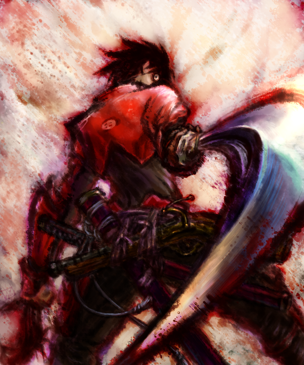10s, 1boy, armor, back, black_hair, blood, drifters, gun