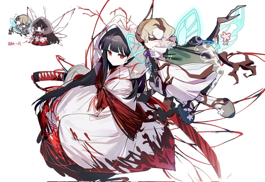 >_<, 1boy, 1girl, black_hair, blonde_hair, blunt_bangs, branch, chibi