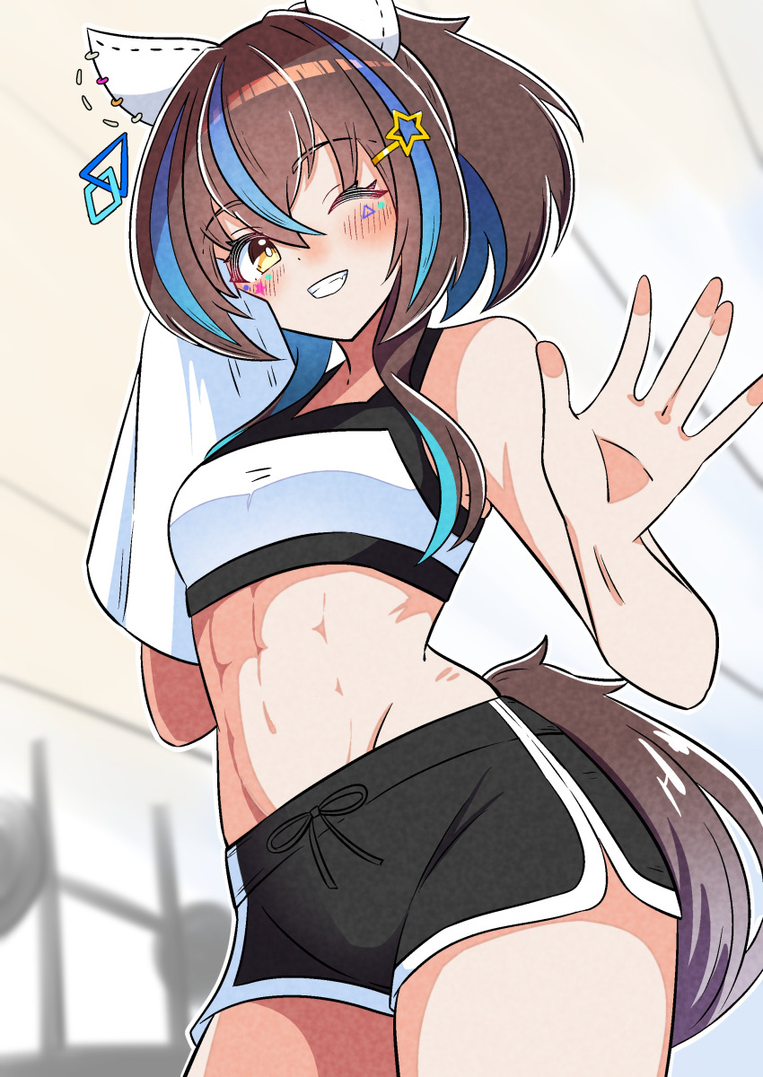 1girl, abs, absurdres, akkunz, animal_ears, blue_hair, blush, brown_hair