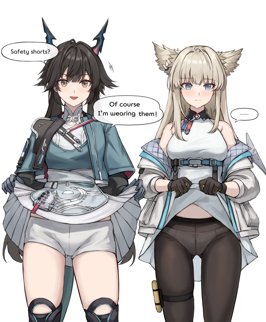 ..., 2girls, :d, absurdres, animal_ears, arknights, arknights:_endfield, bike_shorts, black_boots, black_gloves, black_pantyhose, blonde_hair, blue_eyes, blue_jacket, blue_shirt, blush, boots, brown_eyes, brown_hair, chen_qianyu_(arknights), closed_mouth, clothes_lift, commentary, cowboy_shot, dragon_girl, dragon_horns, dragon_tail, dress, dress_lift, english_commentary, english_text, gloves, gongbangmanchi_(daisy_cutter), highres, horns, jacket, knee_boots, long_hair, looking_at_viewer, multiple_girls, open_clothes, open_jacket, open_mouth, panties, panties_under_pantyhose, pantyhose, perlica_(arknights), shirt, shorts, shorts_under_skirt, skirt, skirt_lift, sleeveless, sleeveless_dress, smile, spoken_ellipsis, standing, tail, thigh_strap, twintails, underwear, very_long_hair, white_dress, white_jacket, white_shorts, white_skirt