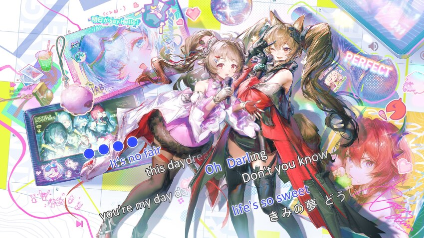 2girls, :d, angelina_(arknights), animal_ears, ardelia_(arknights), arknights, arknights:_endfield, asymmetrical_gloves