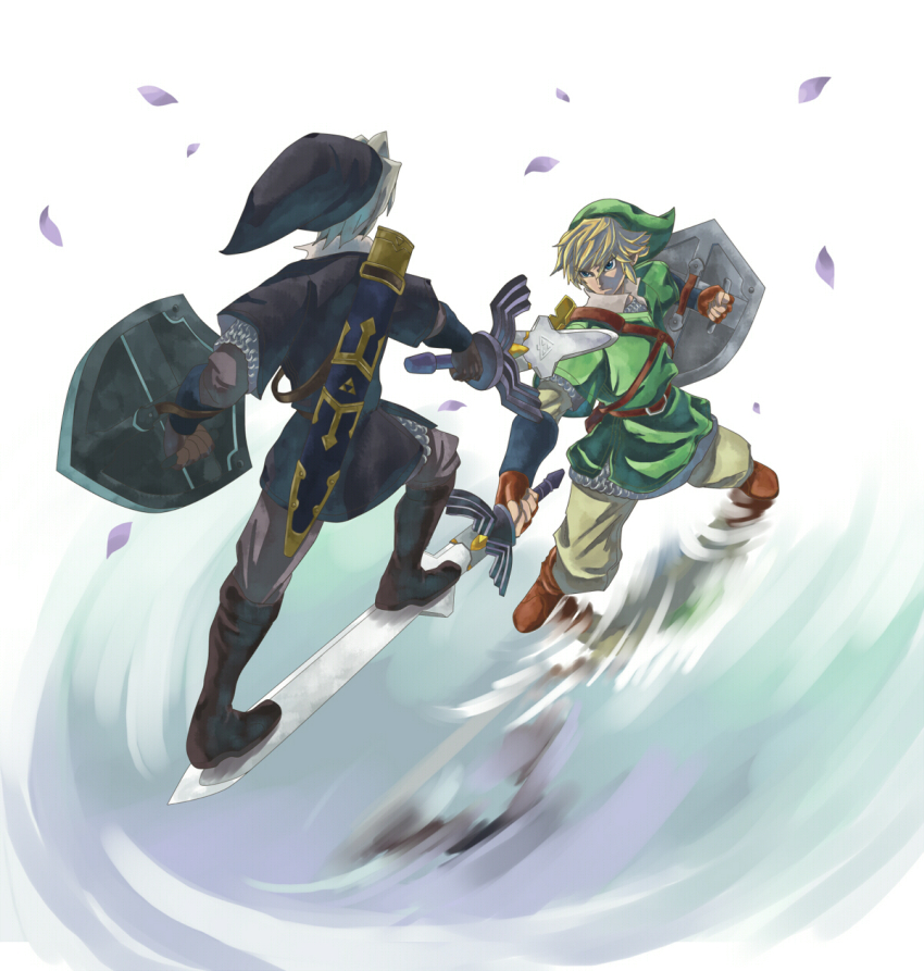 2boys, armor, belt, blade_run, blonde_hair, blue_eyes, chainmail, dark_link, dual_persona, gloves, grey_hair, hat, highres, link, male_focus, multiple_boys, nintendo, petals, ruri_(rukiafile), sheath, shield, standing_on_object, sword, the_legend_of_zelda, the_legend_of_zelda:_ocarina_of_time, the_legend_of_zelda:_skyward_sword, water, weapon