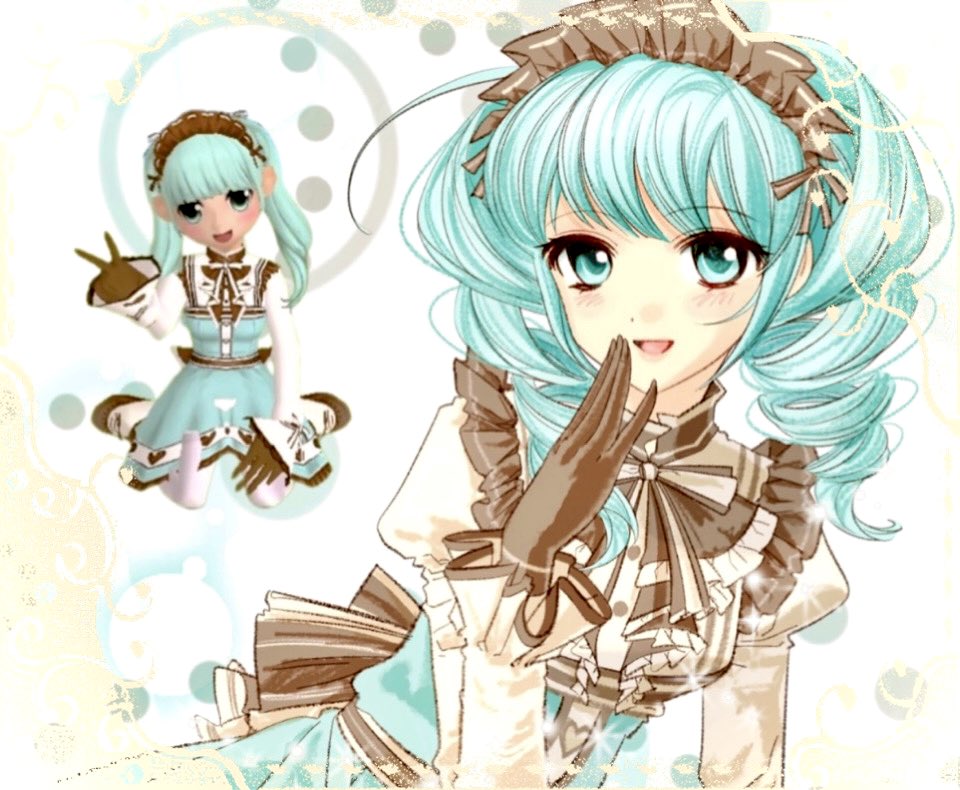 1girl, 2000s_(style), accurate_lolita_coord, aqua_dress, aqua_eyes, aqua_hair, bow, breasts, brown_bow, brown_gloves, brown_headdress, brown_ribbon, bunnyanya123, character_request, circle, commentary_request, curly_hair, dress, faux_retro_artstyle, game_screenshot_inset, gloves, hand_to_own_mouth, intentional_jpeg_artifacts, juliet_sleeves, korean_commentary, layered_clothes, light_blush, lolita_fashion, long_sleeves, looking_at_viewer, maid_headdress, medium_hair, multiple_views, neck_ribbon, pinafore_dress, puffy_sleeves, ribbon, screenshot_inset, shirt, sidelocks, simple_background, sleeveless, sleeveless_dress, small_breasts, smile, tales_runner, twintails, two-tone_ribbon, upper_body, waist_bow, white_background, white_ribbon, white_shirt