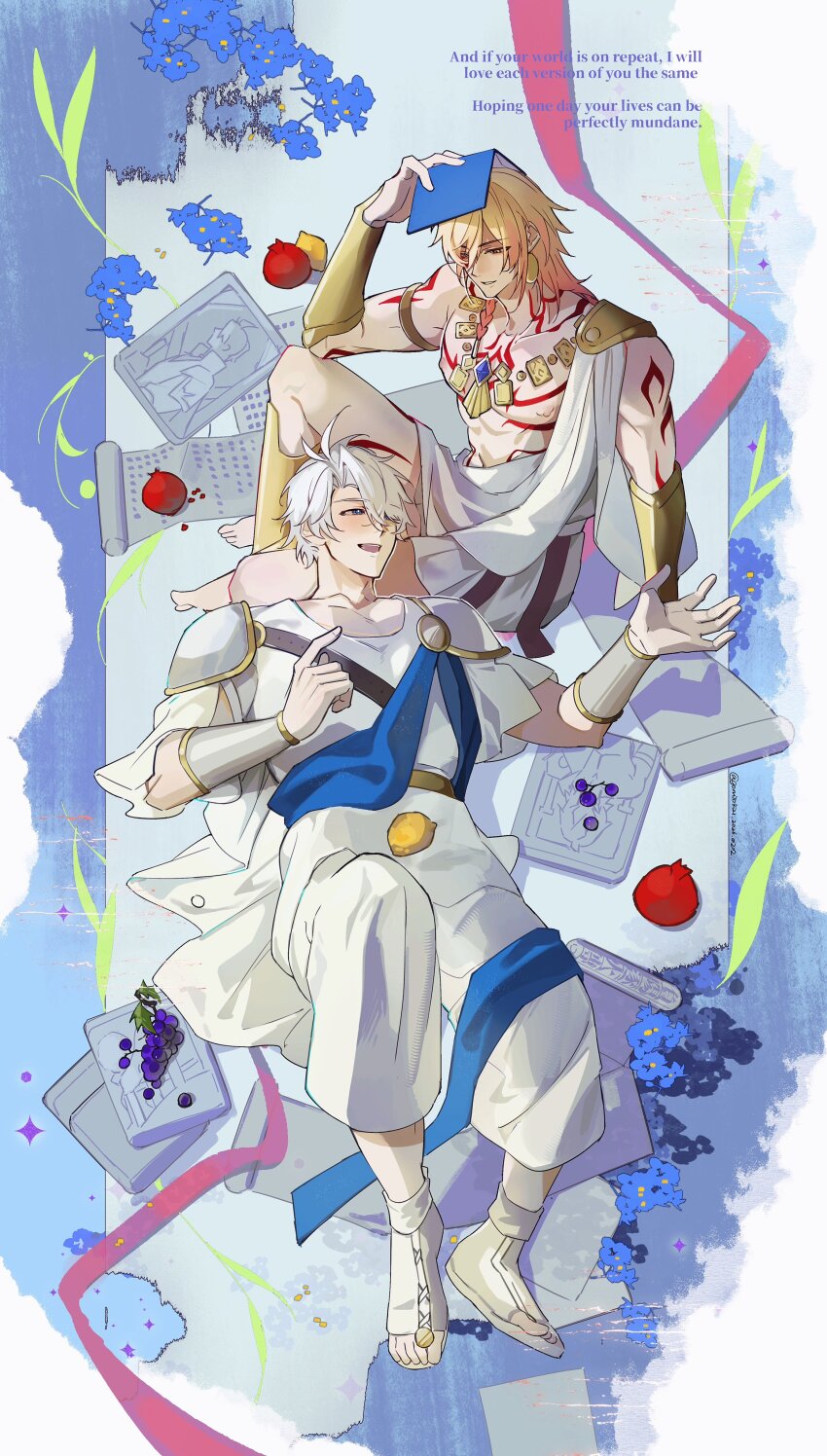 2boys, abs, absurdres, ancient_greek_clothes, antenna_hair, arm_tattoo, armlet, armor