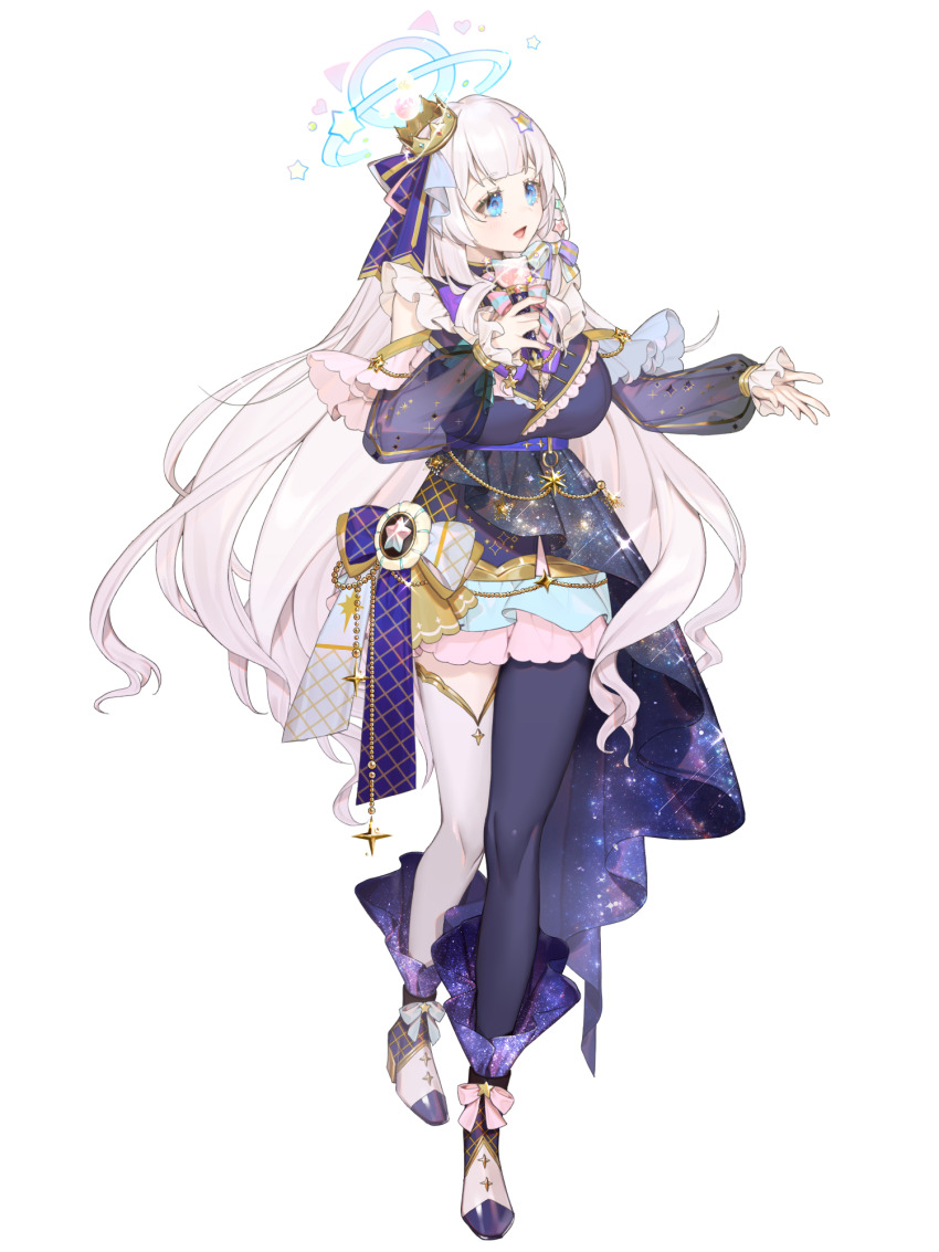 1girl, :d, asymmetrical_legwear, black_shirt, blue_eyes, blue_halo, breasts, crown