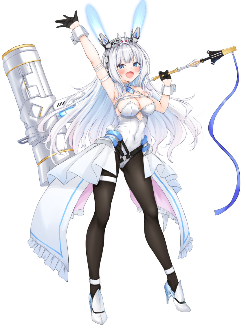 1girl, :d, animal_ears, arm_up, belt, black_gloves, blue_eyes, blue_ribbon