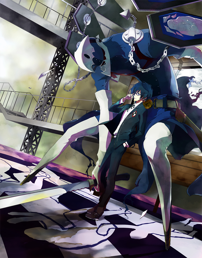 1boy, adjusting_eyewear, atlus, belt, bespectacled, blue_eyes, blue_hair, chain, chalk_outline, glasses, hand_in_pocket, jacket, joka, joka_(night_gate), male_focus, matching_hair/eyes, necktie, persona, persona_3, persona_4, school_uniform, shadow_(persona), sheath, short_hair, solo, standing, sword, thanatos_(persona), weapon, yuuki_makoto_(persona_3)