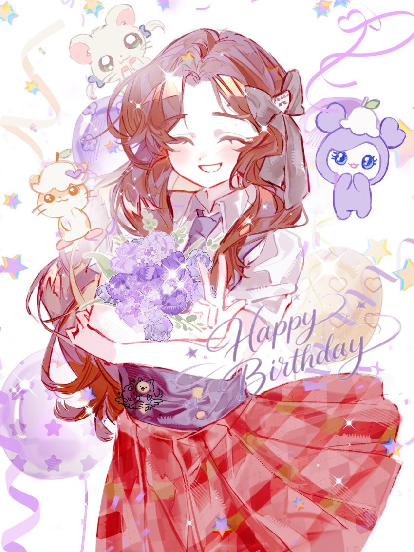 1girl, ^_^, animification, balloon, bouquet, brown_hair, closed_eyes, collared_shirt