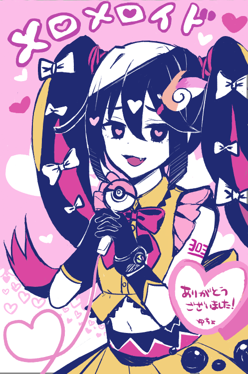 1girl, black_gloves, bow, colored_skin, commentary_request, crop_top, fang, gloves