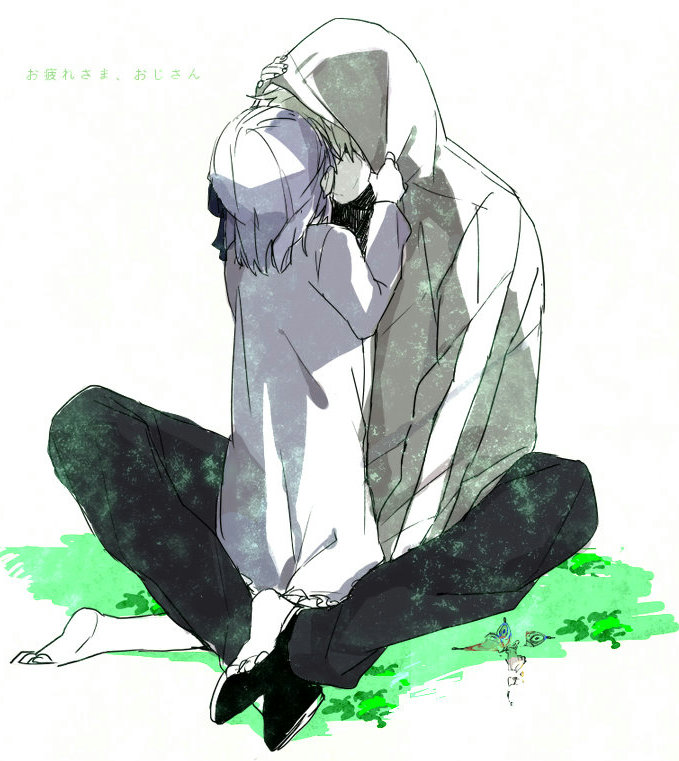 1boy, 1girl, bad_id, bad_pixiv_id, bug, butterfly, child, dress, fate/stay_night, fate/zero, fate_(series), hetero, hood, insect, jacket, kiss, matou_kariya, matou_sakura, matou_sakura_(fate/zero), pokerou, purple_hair, torn_wings, uncle_and_niece, white_hair, wings