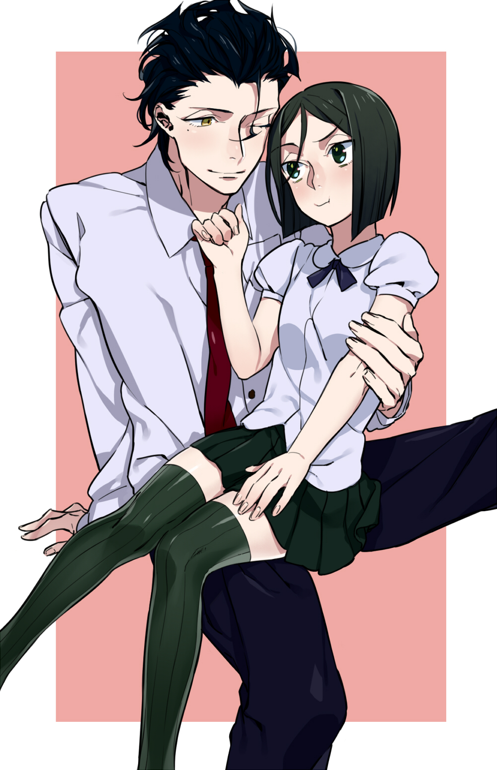 1boy, 1girl, bad_id, bad_pixiv_id, black_hair, blush, bob_cut, brother_and_sister