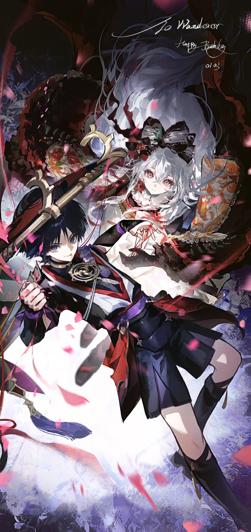 1boy, 1girl, armor, artist_request, black_bow, black_hair, black_hands, black_hat