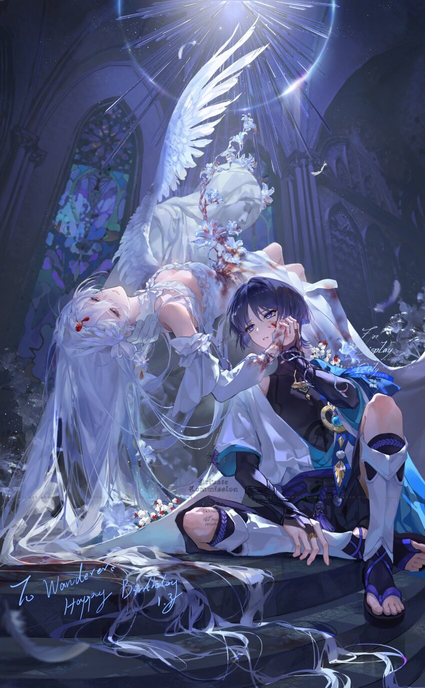 1boy, 1girl, angel_wings, architecture, arm_at_side, artist_request, belt, black_belt, black_bodysuit, black_bow, black_bridal_gauntlets, black_sandals, black_shorts, blood, blood_on_clothes, blood_on_face, blood_on_flower, blood_on_ground, blood_on_hands, blue_cape, blue_gem, blue_kimono, blue_sleeves, blunt_ends, bodysuit, bow, breasts, bridal_gauntlets, bright_pupils, cape, cathedral, character_name, church, cleavage, closed_mouth, colored_inner_hair, column, commentary_request, commission, commissioner_insert, couple, crystal, dated, detached_collar, detached_sleeves, dress, eyelashes, eyeliner, falling_feathers, feathered_wings, feathers, flower, frilled_dress, frilled_sleeves, frills, gem, genshin_impact, gold_ring, gothic_architecture, hair_between_eyes, hair_intakes, hair_spread_out, hakama, hakama_shorts, hand_on_another's_face, hand_on_own_leg, hand_up, happy_birthday, hayami_momo_(hayamimomo), hetero, highres, indoors, japanese_clothes, juban, kimono, knee_up, layered_sleeves, leg_warmers, lens_flare, long_hair, lying, makeup, medium_breasts, middle_ring, multicolored_hair, oc_x_canon, on_back, open_clothes, open_kimono, original, parted_bangs, parted_lips, pillar, pleated_shorts, pom_pom_(clothes), purple_eyes, purple_hair, purple_rope, purple_sash, red_eyeliner, red_eyes, rope, royal_ease, sandals, sash, scaramouche_(genshin_impact), second-party_source, short_sleeves, shorts, shoulder_peek, sitting, smile, stained_glass, statue, stirrup_legwear, tassel, the_bible, toeless_legwear, toenails, toes, very_long_hair, virgin_mary, wanderer_(genshin_impact), watermark, white_dress, white_feathers, white_flower, white_hair, white_kimono, white_leg_warmers, white_mouth, white_pupils, white_sleeves, white_wings, wings, wispy_bangs, yellow_feathers, zouri