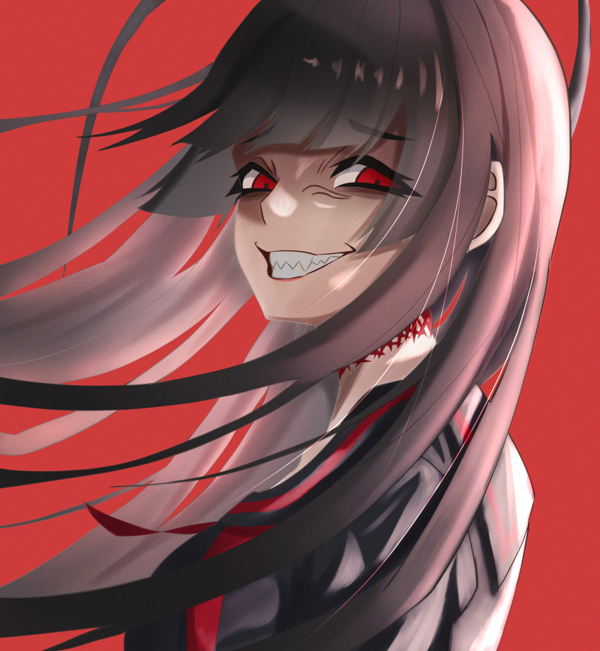 1girl, absurdres, black_hair, blue_archive, choker, commentary_request, highres, looking_at_viewer, open_mouth, red_background, red_choker, red_eyes, sabo10_fighter, school_uniform, sharp_teeth, solo, teeth, tsurugi_(blue_archive)