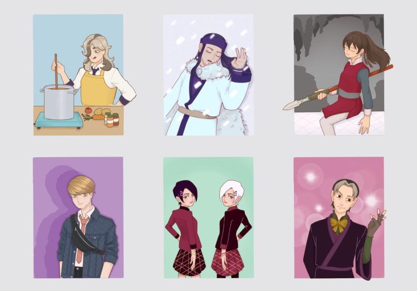 3boys, 4girls, apron, arven_(pokemon), asirpa, balsa, best_jeanist, black_robe, blonde_hair, blue_background, blue_eyes, boku_no_hero_academia, bow, bowtie, brittany_biskit, brown_hair, carrot, cave_interior, cedric_(disney), closed_eyes, cooking, cooking_pot, denim, denim_jacket, fanny_pack, golden_kamuy, green_background, grey_hair, hair_over_one_eye, hand_on_own_hip, headscarf, highres, holding, holding_polearm, holding_weapon, ingredients, jacket, littlest_pet_shop, littlest_pet_shop_(2012), looking_at_viewer, looking_back, lying, magic, matching_hairstyle, matching_outfits, multicolored_hair, multiple_boys, multiple_girls, necktie, nintendo, on_back, pink_background, pokemon, pokemon_scarlet_and_violet, polearm, polo_shirt, ponytail, potato, purple_background, purple_headscarf, red_shirt, robe, school_uniform, seirei_no_moribito, shirt, siblings, sisters, snow, sofia_the_first, sparkle_background, spear, spice_shaker, tikusmekus, tomato, twins, two-tone_hair, weapon, white_robe, white_shirt, whittany_biskit, yellow_apron, yellow_bow, yellow_bowtie