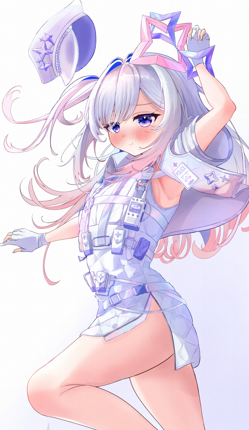 1girl, absurdres, amane_kanata, amane_kanata_(heavenly_guard_mission), arm_up, armpits, blue_hair, blush