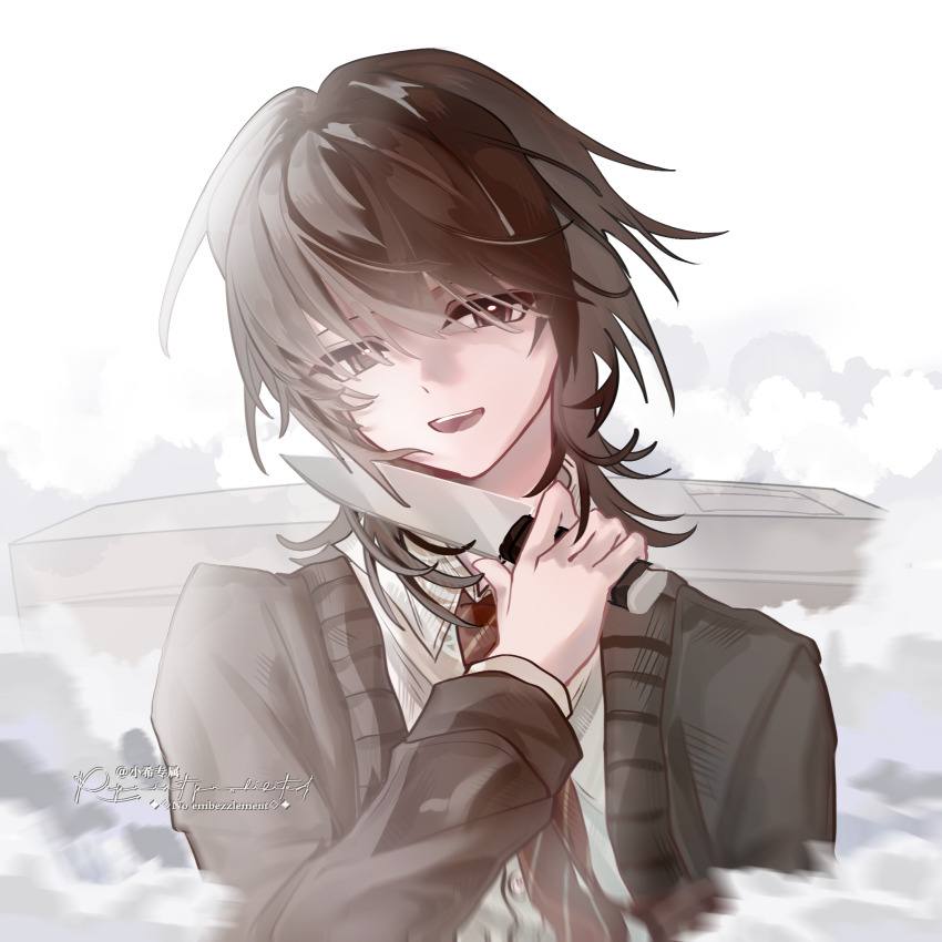 1boy, blade_to_own_throat, brown_cardigan, brown_eyes, brown_hair, brown_necktie, cardigan, chinese_commentary