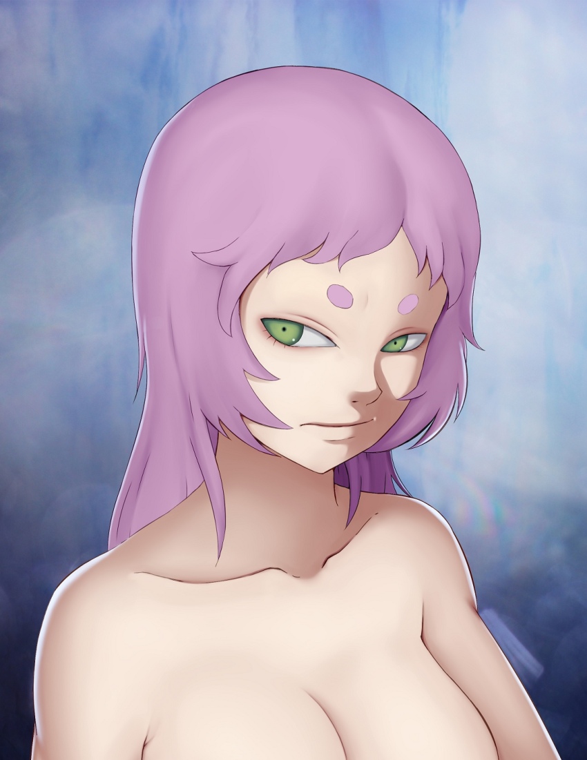1girl, breasts, chinese_commentary, closed_mouth, commentary_request, eyelashes, fog, green_eyes, hair_down, highres, hikimayu, ice, kakuyoku_fubuki, large_breasts, naruto_(classic), naruto_(series), night, missing_headwear, nude, pink_hair, qzb051, solo