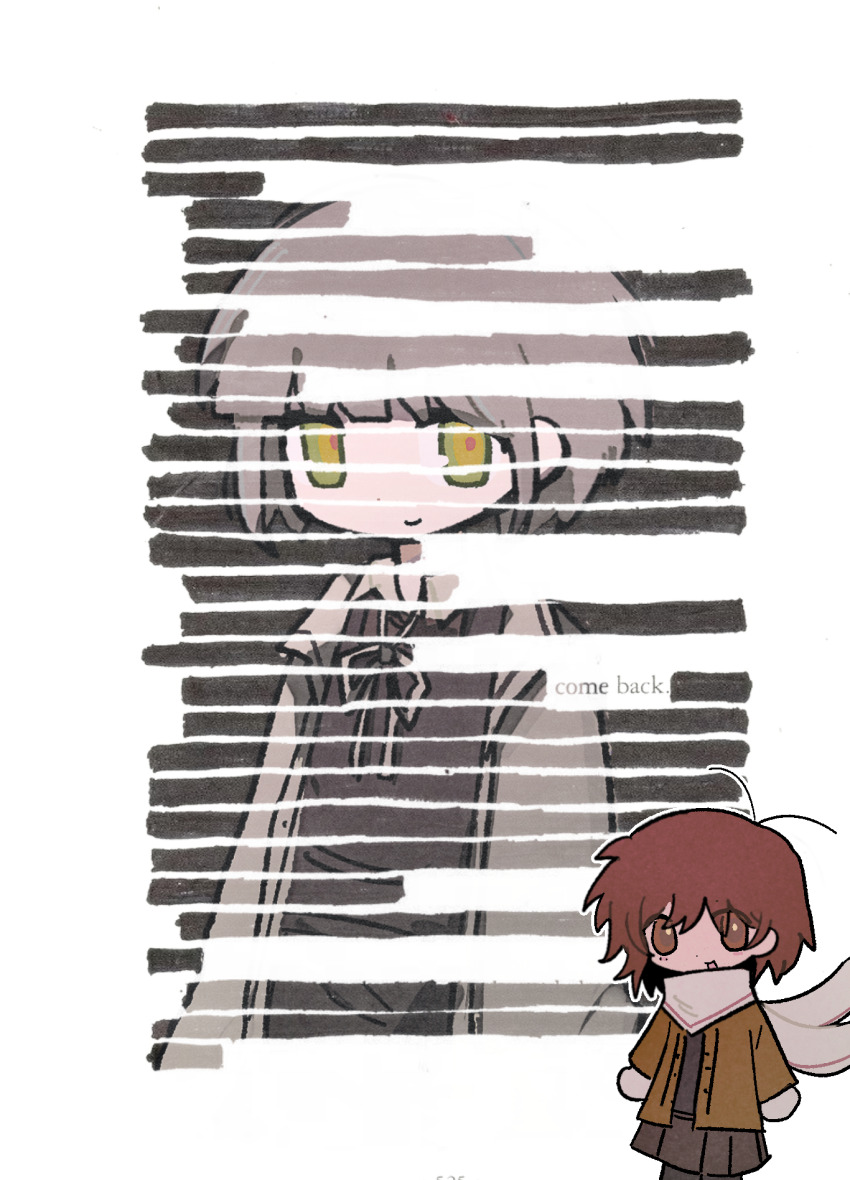 2girls, antenna_hair, arms_at_sides, asya_shubina, blackout_poetry, brown_eyes, brown_hair, brown_jacket