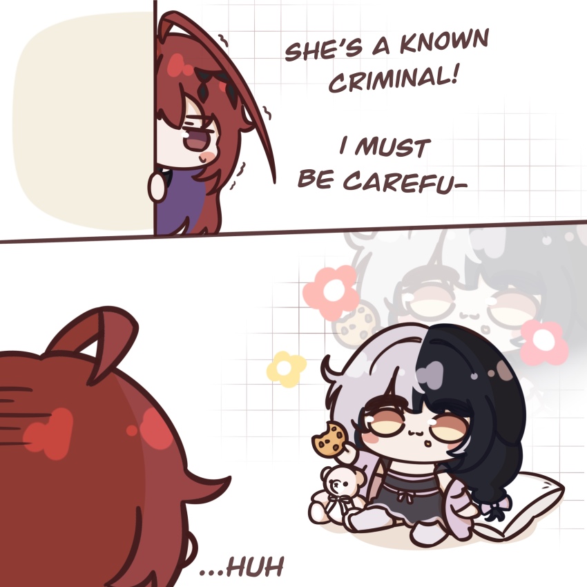 2girls, :3, absurdres, ahoge, black_hair, black_nightgown, blush_stickers, bow