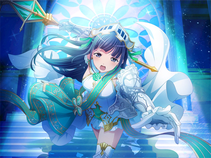 1girl, armor, arthurian_legend, blue_eyes, blue_hair, breasts, cosplay, cross, cross_earrings, dress, earrings, floating_hair, game_cg, gloves, green_sash, holding, holding_mace, holding_weapon, jewelry, lancelot_du_lac_(mythology), lancelot_du_lac_(mythology)_(cosplay), looking_at_viewer, mace, medium_breasts, official_art, open_mouth, reaching, reaching_towards_viewer, sash, shadow, shoujo_kageki_revue_starlight, shoujo_kageki_revue_starlight_-re_live-, shoulder_armor, solo, spotlight, stairs, thighhighs, tsuyuzaki_mahiru, upper_body, v-shaped_eyebrows, visor_(armor), weapon, white_dress, white_gloves, white_thighhighs