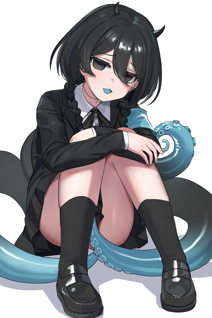1girl, absurdres, ankle_socks, armband, black_eyes, black_hair, black_jacket, black_ribbon, black_socks, blue_armband, blue_tongue, braid, collared_shirt, colored_tongue, commentary_request, gradient_tentacles, hair_between_eyes, hair_over_shoulder, highres, horns, hugging_own_legs, indie_virtual_youtuber, jacket, loafers, long_hair, long_sleeves, looking_at_viewer, low_twin_braids, mushioicharax, neck_ribbon, open_mouth, pleated_skirt, ribbon, ringed_eyes, shirt, shoes, sitting, skirt, socks, solo, stitched_neck, stitches, tentacle_tail, tentacles, thighs, twin_braids, upskirt, virtual_youtuber, white_shirt, yamata_ia