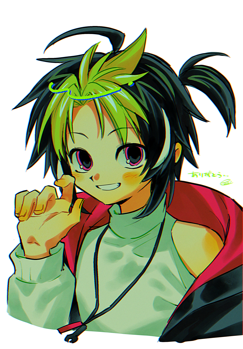 1boy, absurdres, ahoge, black_hair, blush, clothing_cutout, green_hair, grin