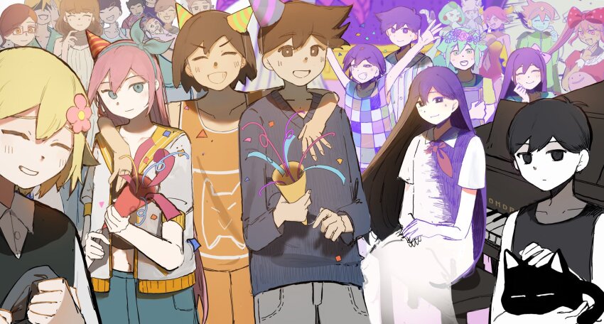 6+boys, 6+girls, alternate_eye_color, angel_(omori), animal, antenna_hair, arm_on_another's_shoulder, arms_up, aubrey_(faraway)_(omori), aubrey_(headspace)_(omori), aubrey_(omori), basil_(faraway)_(omori), basil_(headspace)_(omori), basil_(omori), black_eyes, black_hair, black_tank_top, blonde_hair, blue_eyes, blue_hairband, blue_skin, blue_skirt, blue_sweater, blunt_bangs, blurry, blurry_background, blush, bow, bright_pupils, brother_and_sister, brothers, brown_eyes, brown_hair, captain_spaceboy, cat, charlene_(omori), checkered_clothes, closed_eyes, closed_mouth, collarbone, collared_pajamas, collared_shirt, colored_skin, commentary, confetti, crop_top, dark-skinned_male, dark_skin, denim, denim_skirt, double-parted_bangs, dress, dual_persona, english_commentary, expressionless, father_and_child, father_and_daughter, father_and_son, flower, flower_wreath, glasses, gradient_hair, grand_piano, green_eyes, green_hair, green_shirt, green_sweater_vest, grey_hair, grey_pants, grin, hair_between_eyes, hair_bow, hair_flower, hair_ornament, hairband, hairclip, hat, head_wreath, hero_(faraway)_(omori), hero_(headspace)_(omori), hero_(omori), highres, holding, holding_animal, holding_cat, holding_party_popper, humphrey_(omori), instrument, jacket, kel's_father_(omori), kel's_mother_(omori), kel_(faraway)_(omori), kel_(headspace)_(omori), kel_(omori), kim_(omori), long_hair, long_sleeves, looking_at_viewer, mari_(headspace)_(omori), mari_(omori), mari_(spirit)_(omori), marina_(omori), medium_hair, medusa_(omori), mewo, mikhael_(omori), molly_(omori), mother_and_child, mother_and_daughter, mother_and_son, multicolored_hair, multiple_boys, multiple_girls, navel, neckerchief, ojou-sama_pose, omori, omori_(omori), open_clothes, open_jacket, open_mouth, orange_shorts, pajamas, pants, parent_and_child, party_hat, party_popper, piano, piano_bench, pink_bow, pink_hair, polka_dot, polka_dot_bow, polly_(omori), purple_eyes, purple_hair, purple_sweater_vest, red-framed_eyewear, red_eyes, red_neckerchief, sally_(omori), shirt, short-sleeved_jacket, short_sleeves, shorts, siblings, sidelocks, sitting, skirt, smile, spade_ritu, striped_clothes, striped_pajamas, sweater, sweater_vest, sweetheart_(omori), t-shirt, tank_top, teeth, tentacle_hair, twintails, two-tone_hair, vance_(omori), vertical-striped_clothes, vertical-striped_pajamas, white_dress, white_jacket, white_pajamas, white_pupils, white_shirt, white_skin