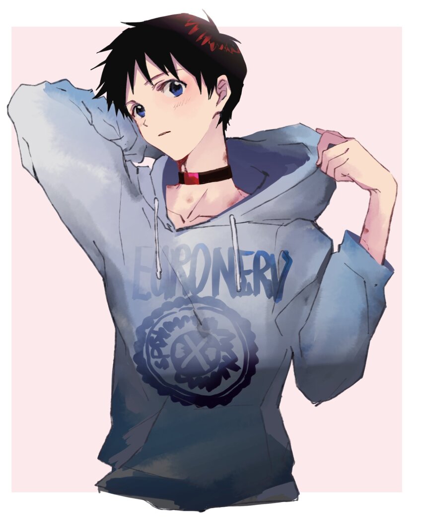 1boy, arm_up, bite_mark, bite_mark_on_arm, black_hair, blue_eyes, blush, closed_mouth, cropped_torso, drawstring, dss_choker, hashtag-only_commentary, hickey, highres, hood, hood_down, hoodie, ikari_shinji, male_focus, neon_genesis_evangelion, rebuild_of_evangelion, short_hair, solo, yorumi1117