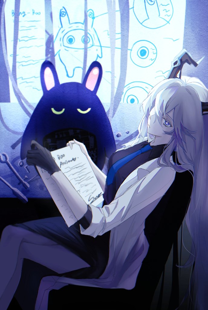 1girl, alternate_costume, bangboo_(zenless_zone_zero), black_dress, black_gloves, black_horns, blue_background, blue_necktie