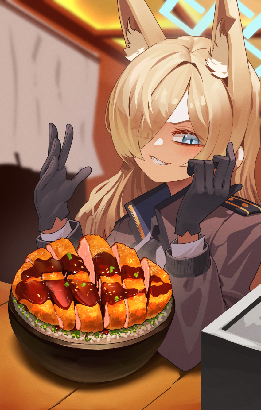 1girl, absurdres, animal_ear_fluff, animal_ears, black_gloves, black_jacket, black_necktie, blonde_hair