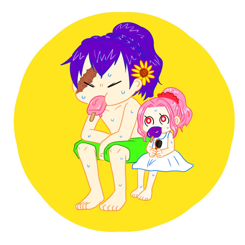 1boy, 1girl, charlotte_anana, charlotte_cracker, commentary_request, dress, food, male_swimwear