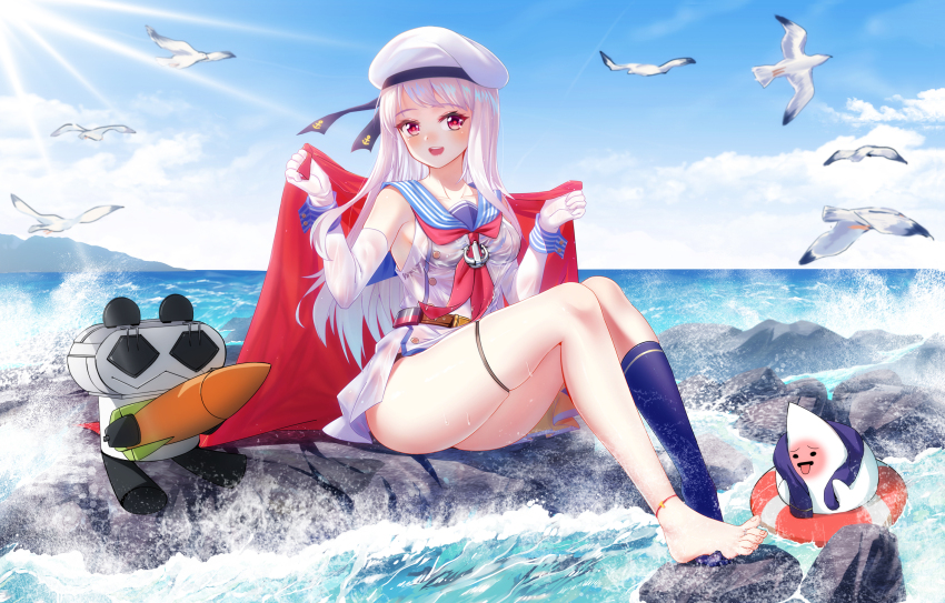 1girl, animal, ass, barefoot, belt, bird, black_socks, blue_sky