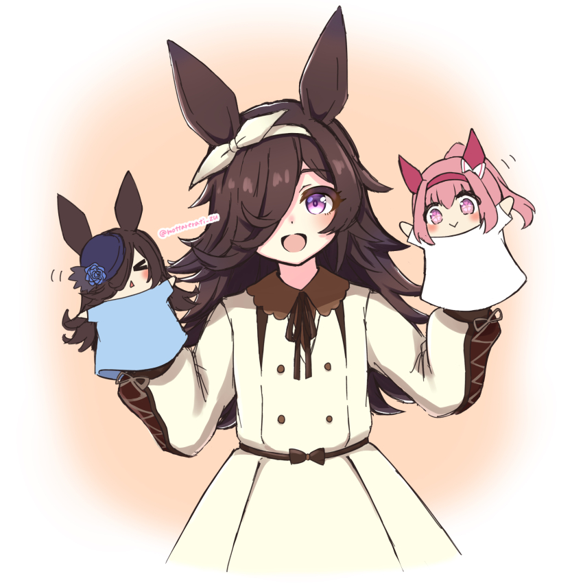 >_<, 1girl, animal_ears, blush, bow, bow_hairband, brown_dress, brown_hair, brown_ribbon, casual, closed_mouth, collared_dress, commentary_request, dress, ear_bow, ear_covers, flipped_hair, flower-shaped_pupils, flower_in_eye, hair_over_one_eye, hairband, hand_puppet, haru_urara_(umamusume), headband, highres, holding, horse_ears, horse_girl, long_hair, long_sleeves, looking_at_viewer, mottarerati_zu, open_mouth, pink_eyes, pink_hair, pink_headband, ponytail, puppet, purple_eyes, red_headband, ribbon, rice_shower_(casual)_(umamusume), rice_shower_(umamusume), smile, solo, symbol-shaped_pupils, symbol_in_eye, umamusume, white_hairband