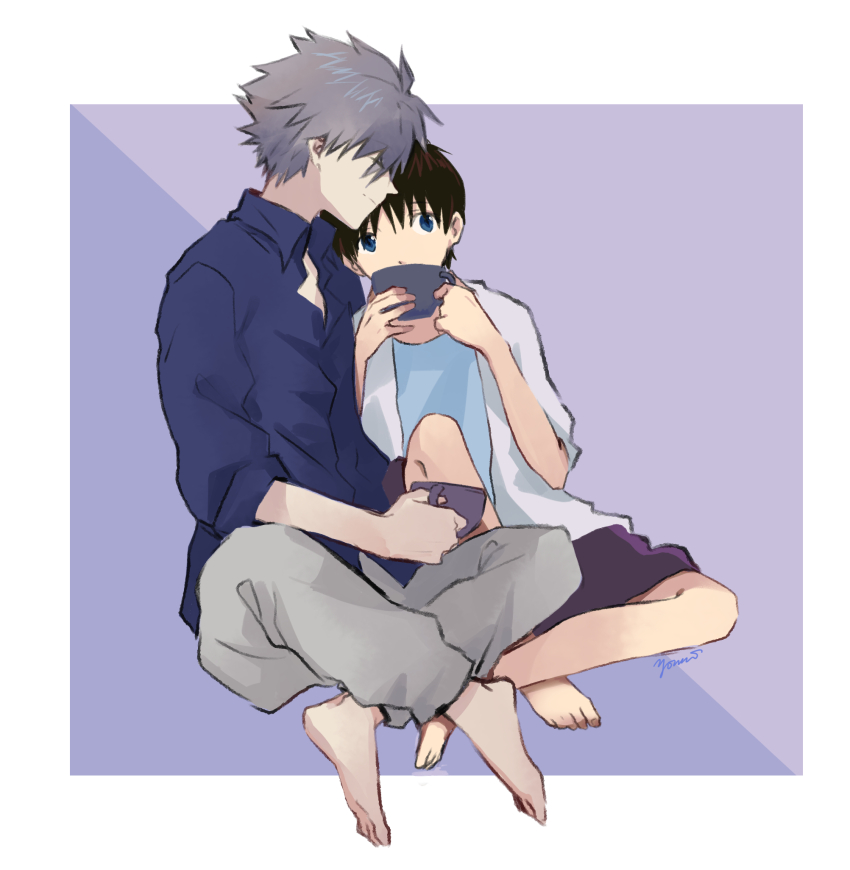 2boys, barefoot, blue_eyes, blue_shirt, border, closed_mouth, collared_shirt, commentary