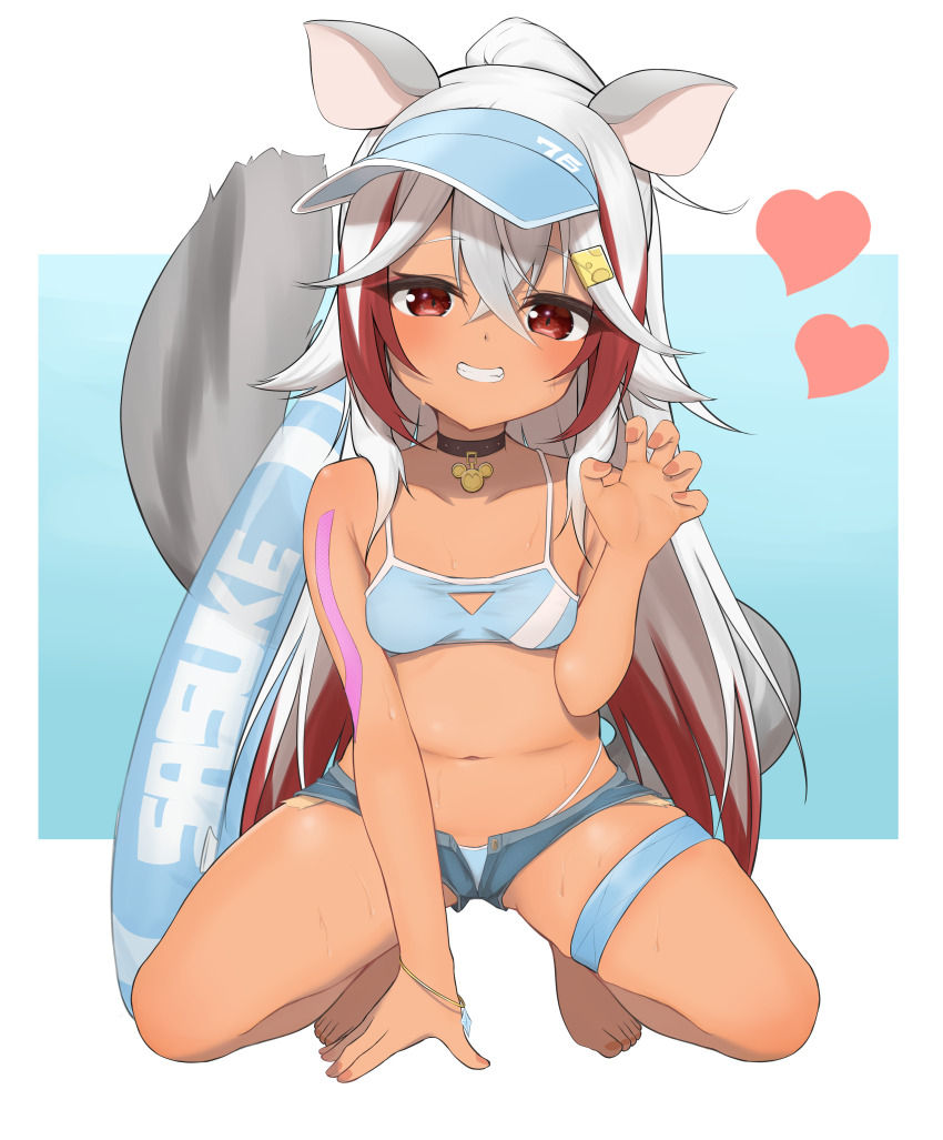 1girl, absurdres, animal_ears, arm_tattoo, black_collar, black_panties, blue_bra, bra